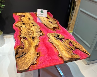 Custom Olive Wood Epoxy Table: Metallic River Design