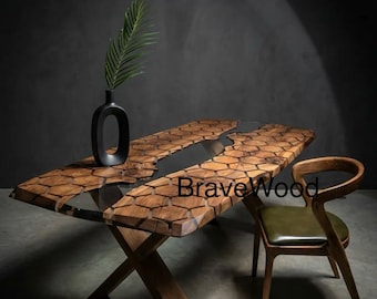 Honeycomb Epoxy Walnut Dining Table: Clear Resin Inlay