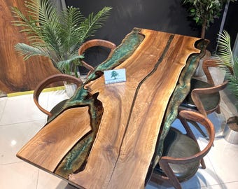 Live Edge Walnut Dining Table: Green Epoxy Resin River (86.6"x39.3")