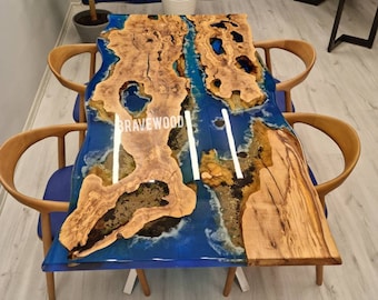 Live Edge Olive Wood Epoxy Dining Table: Ocean Wave Design