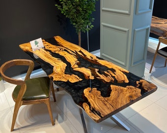 Custom Olive Wood Epoxy Resin Table: Live Edge Dining Room Furniture
