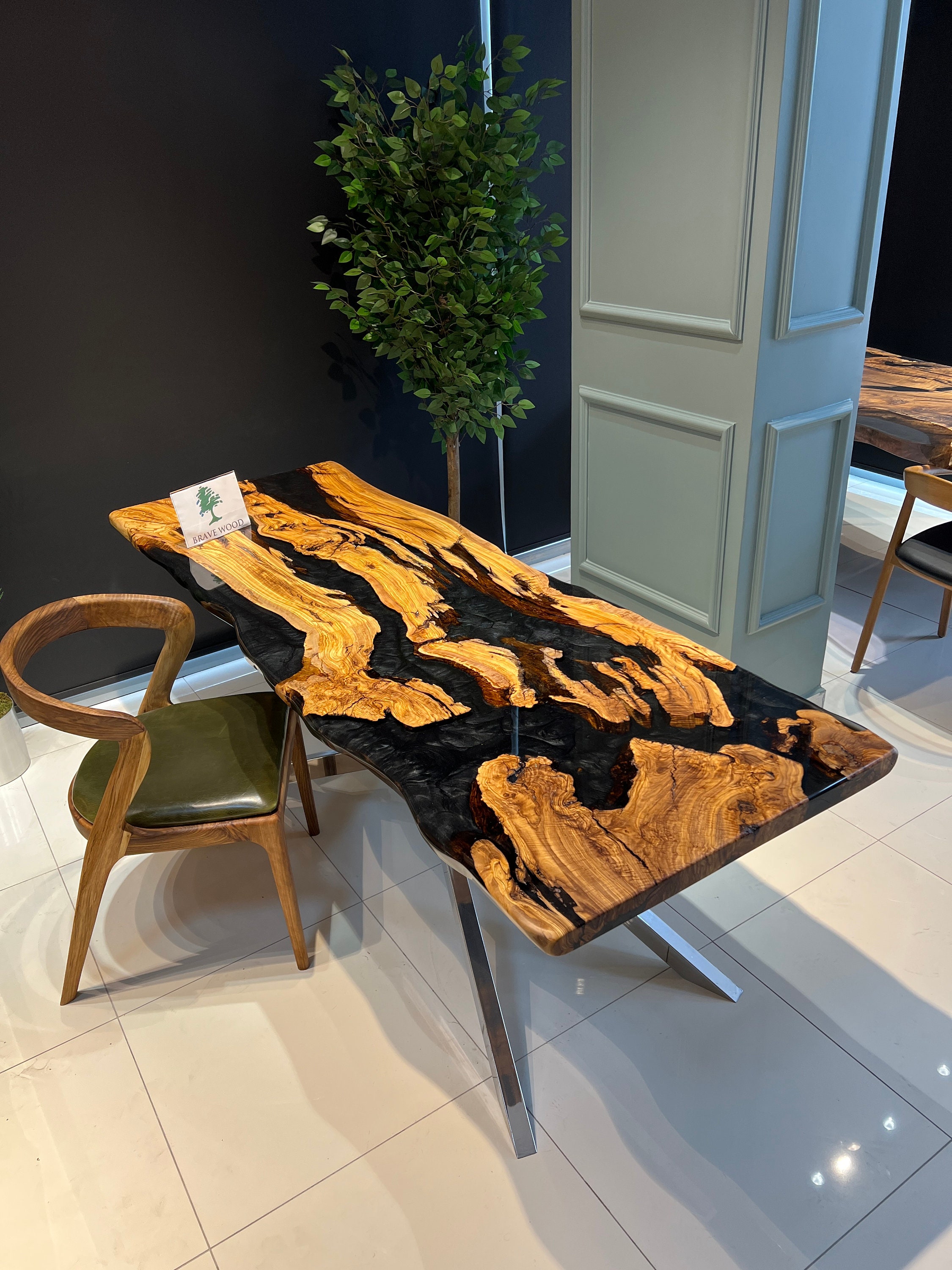 Live Edge Olive Epoxy Table Resin Dining Table | Iron's Custom Wood