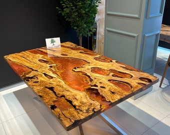 Olive Wood Epoxy Dining Table: Metallic River Design, Custom Live Edge