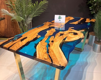 Custom Olive Wood Epoxy Resin Dining Table - River Design (72x36)