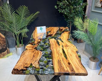Benutzerdefinierte Olivenholz Epoxy River Table, Stone Moss Natural Edge Esstisch (72x36)