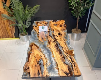 Custom Olive Wood Epoxy Resin Dining Table: River Design (64" x 36")