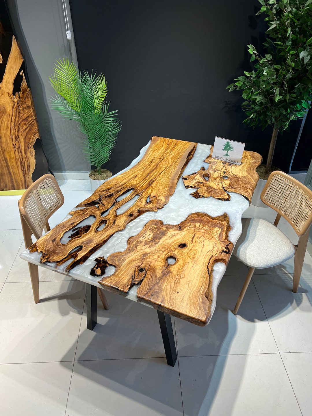 Custom Olive Wood Dining Table: Pearl White Epoxy Resin River - Etsy