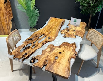 Custom Olive Wood Dining Table: Pearl White Epoxy Resin River