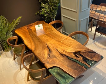 Live Edge Walnut Dining Table with Green Epoxy River (94x40)