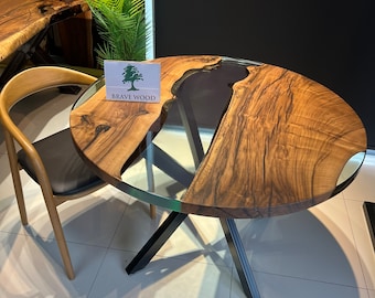 Handmade Walnut Round Table: Epoxy Resin Dining Room Table