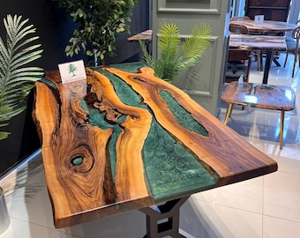 Walnut Epoxy Dining Table: Green Metallic Legs, 74.80" x 39.3"