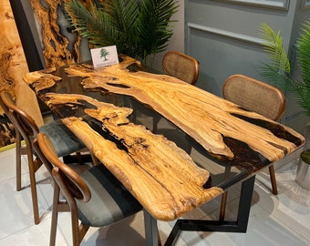 Custom Olive Wood Epoxy Resin Table: Live Edge Kitchen or Dining Room