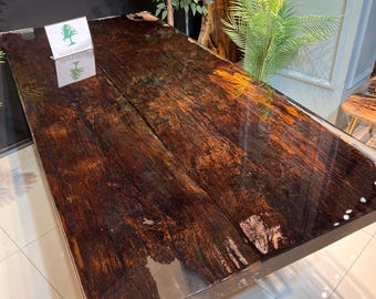 Exclusive Wood Epoxy Table, Solid Wood & Clear Epoxy Table, Natural weathered old house tree