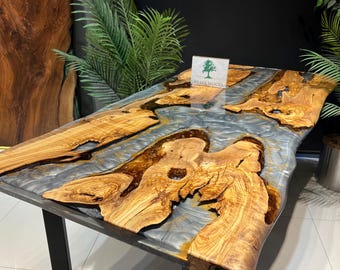 Esstisch „Fluss“ aus Epoxidharz mit Baumkante, Tisch aus Naturholzplatte, grauer Harztisch „Fluss“, handgefertigter moderner Esstisch, BraveWoodDesign 72”x36”