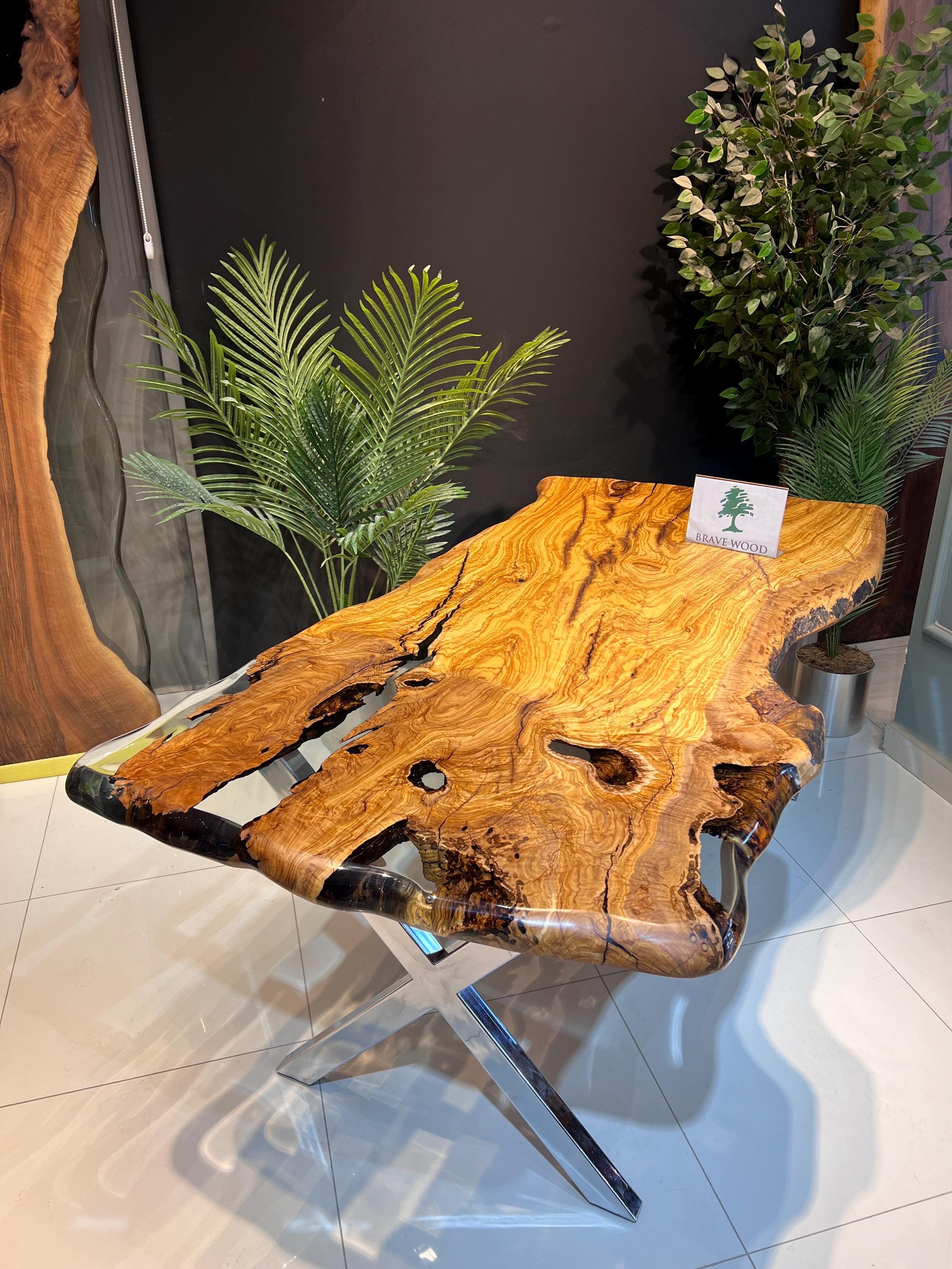 Epoxy Olive Wood Dining Table: Custom Live Edge Conference Table