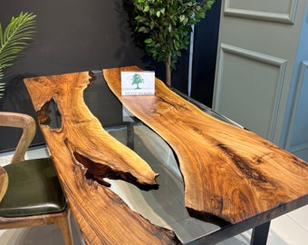 Custom Walnut Epoxy River Dining Table: Black Resin