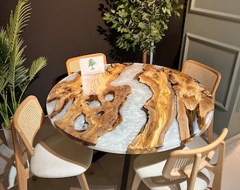 Handcrafted Olive Wood Epoxy Table: Pearl White Resin Coffee Table