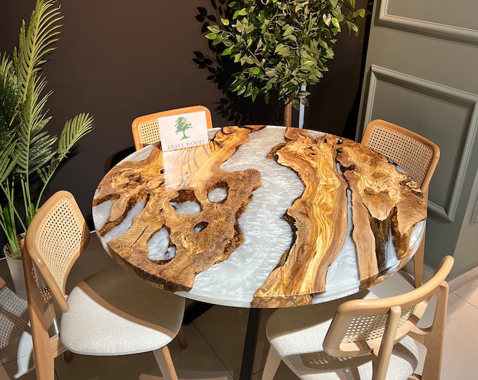 Featured listing image: Handcrafted Olive Wood Epoxy Table: Pearl White Resin Coffee Table