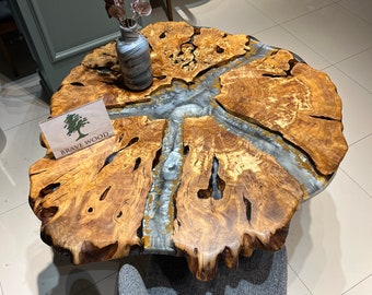 Handmade Olive Wood Epoxy Dining Table: Natural Edge Round Table
