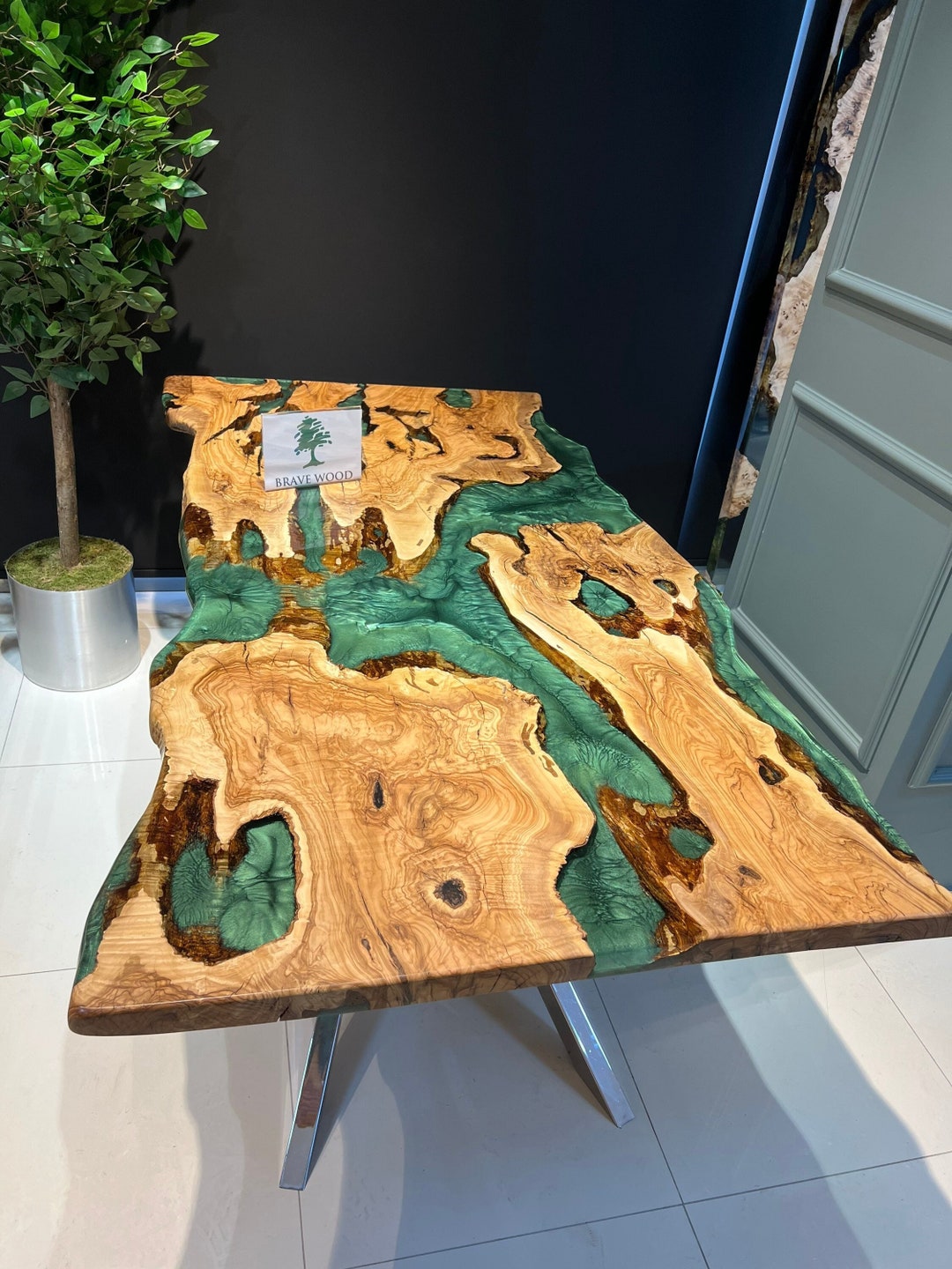 Green Epoxy Olive Wood Dining Table: Custom River Table (74.80" X 39.30 ...