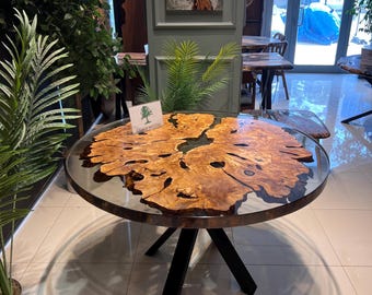 Burl Olive Wood Epoxy Dining Table: Smoke Black Resin