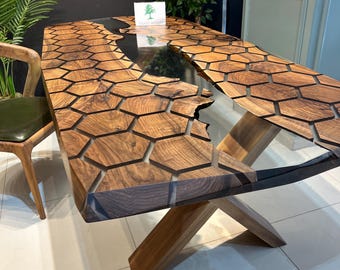 Honeycomb Epoxy Walnut Dining Table: Clear Resin Inlay