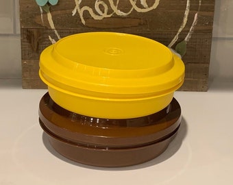 Vintage Harvest Seal N Serve Tupperware Bowls With Lids | Brown & Yellow | Vintage Tupperware