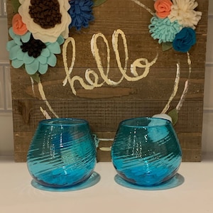 Turquoise Drinking Glasses | Spiral Ribbed Transparent Rock Glass | Turquoise Stemless Wine Glass | Gifts For Friends | Liquor Glasses