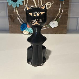 Cat Sculpture | Hand Carved Black Cat Wood Sculpture | Atomic Wooden Cat Figurine