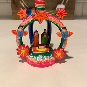 Terra Cotta The Tree of Life Nativity Candelabra   Candle Holder | Vintage  Mexican Folk Art Tree  of Life Nativity Figurine