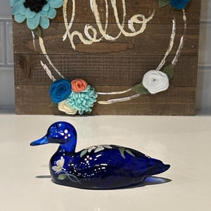 Fenton Cobalt Blue Glass Duck | Hand Painted Floral Cobalt Blue Fenton Art Glass Duck Figurine