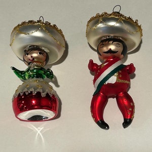 Italian De Carlini Mexican Sombrero Man and Señorita Glass Ornaments | Italian De Carlini Collectable Ornaments