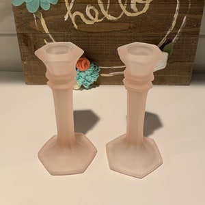 Pink Frosted Candlestick Holders | Pink Glass Decor | Taper Candle Holders | Sweet Pink Vanity Decor
