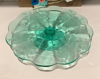 Vintage Peacock Green Glass Cake Plate