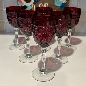 Antique Ruby Red Water Goblets  by CRISTAL D&#39;ARQUES-DURAND | Ruby Red Glass Tablescape | Red Holiday Glassware | Wedding Glasses