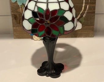 Vintage Stained Glass Candle Holder Table Lamp | PartyLite Poinsettia Candle Lamp | Stained Glass Candle Holder