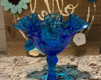Fenton Cabbage Rose Colonial Blue Glass Comport Pedestal Dish | Fenton Centerpiece | Vintage Fenton Compote Dish