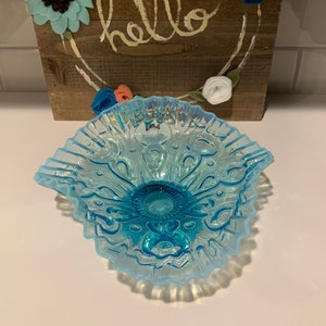 Aqua Blue Ruffled Edge Compote Dish | Blue Centerpiece | Blue Opalescent Table Decor