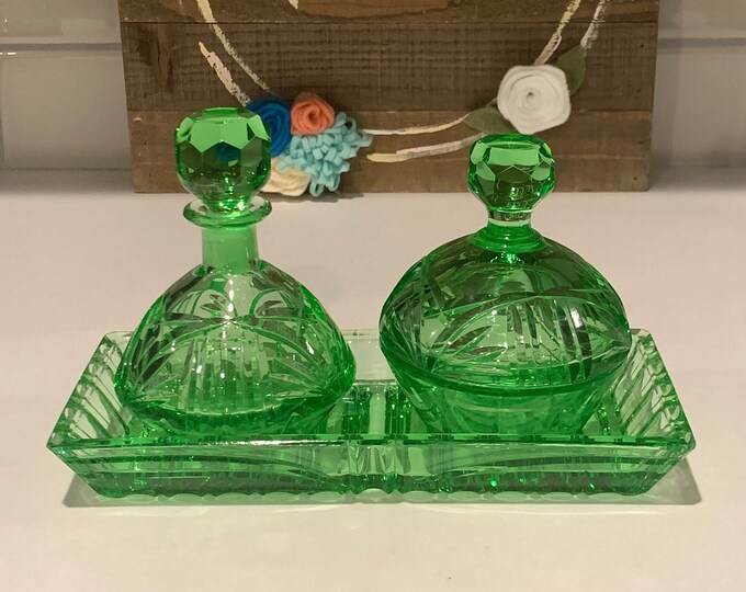 Vintage Cut Glass Vanity Perfume and Powder Set Green Glass Vanity Set