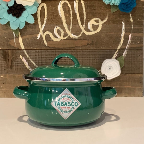 Vintage Tabasco Green Enamelware Bean Pot