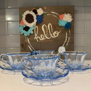 New Martinsville Viking Janice Blue Glass Tea Cup and Saucer | Blue Glass Tablescape