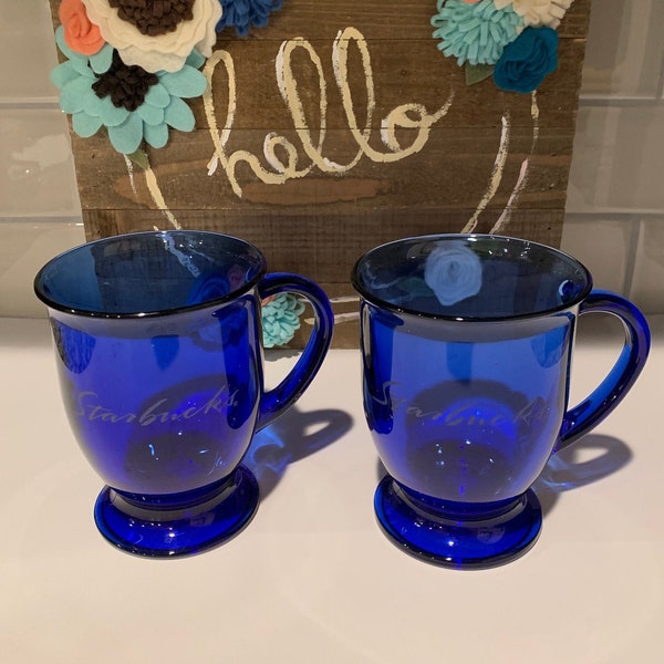 Cobalt Blue Starbucks Glass Pedestal Coffee Mugs by Anchor  Hocking | Cobalt Blue  Handled  Glass Coffee Mugs