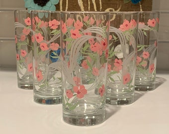 Vasos de vidrio vintage con diseño floral rosa - Juego de 6