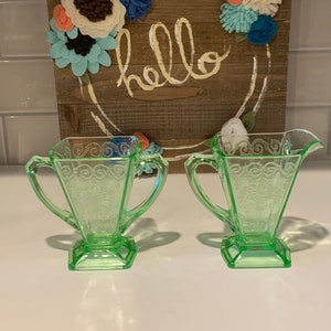 Indiana Glass Lorain Green Creamer And Sugar Bowl | Vaseline Green Glass Sugar and Creamer