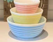 Pyrex Stripped Pink, Yellow, Blue Pyrex Nesting Bowls Pyrex Bowls 401, 402, 403 Vintage Pyrex Serving Bowls