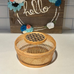 Vintage Rattan Bird Cage Lidded  Basket| Rattan Covered Round Basket | Decretive Rattan Basket | Home Decor | Collectable Rattan Baskets