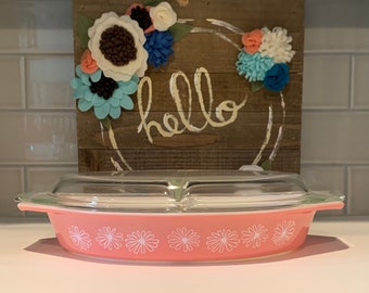 Vintage Pink Daisy Pyrex Divided Vegetable Dish | Collectible Serving