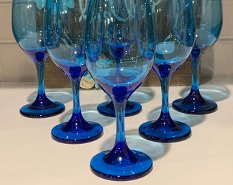 Vintage Blue Glass Water Goblets - Set of 6