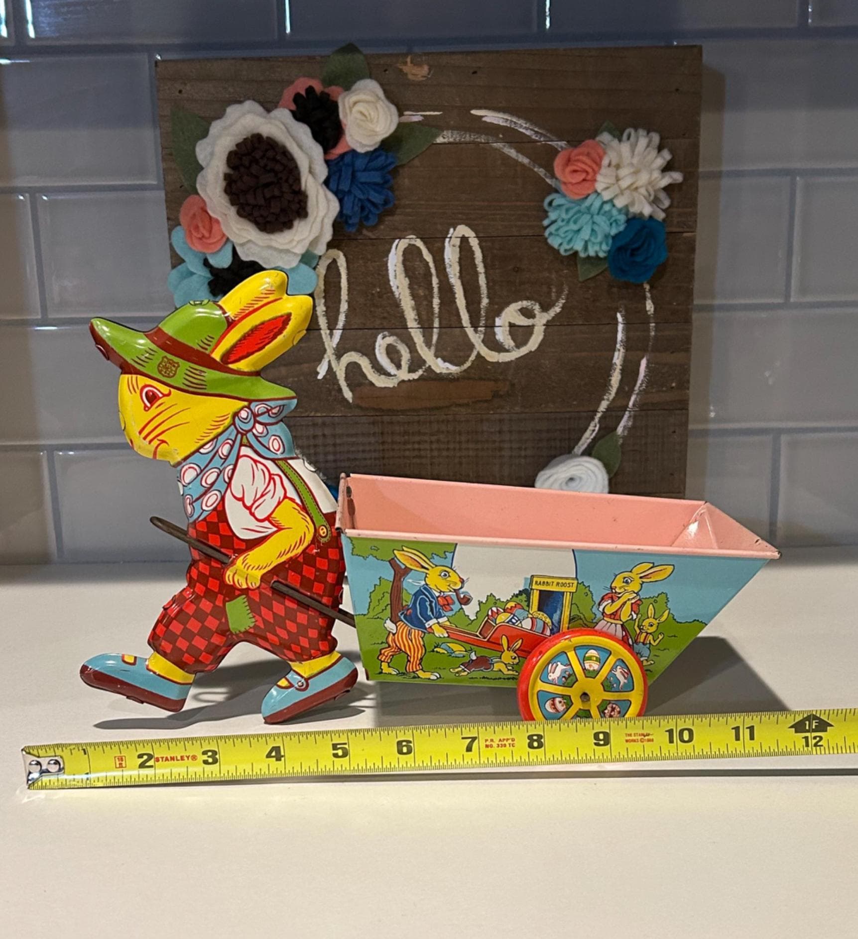 J Chein and Co Vintage 1950's Easter Bunny Rabbit Pulling Cart Tin