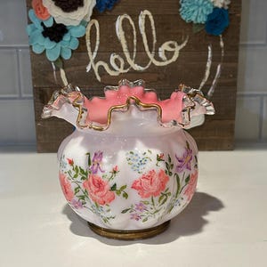 Fenton Charleton Hand Painted Peach Crest Melon Vase | 1940’s Fenton Floral Painted Vase | Fenton Collector Gift | Rare Fenton Vases